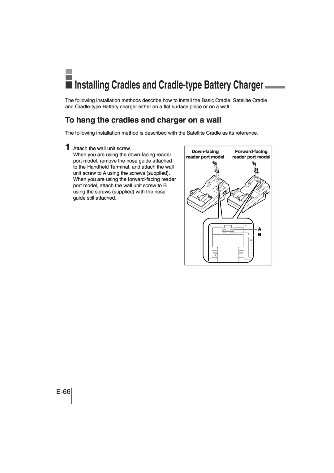 Casio DT-930 manual Installing Cradles and Cradle-typeBattery Charger, To hang the cradles and charger on a wall, E-66 