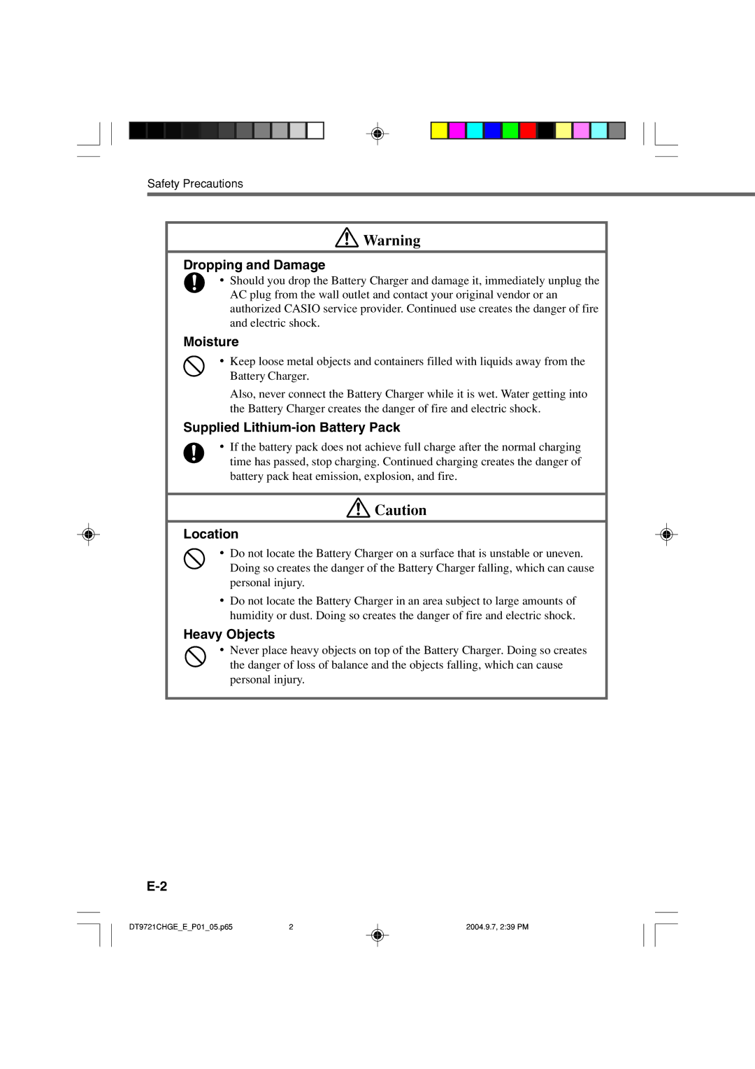 Casio DT-9721CHGE manual Dropping and Damage, Moisture, Supplied Lithium-ion Battery Pack, Location, Heavy Objects 