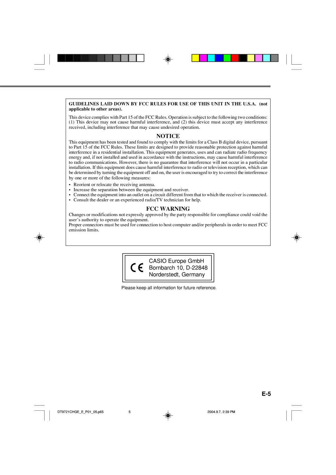 Casio DT-9721CHGE manual FCC Warning 