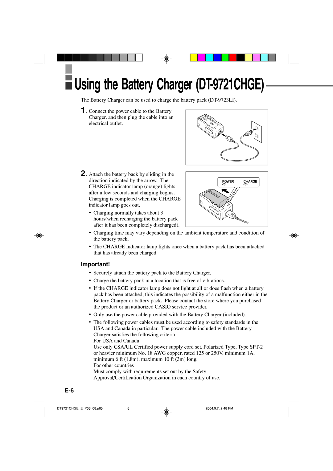 Casio manual Using the Battery Charger DT-9721CHGE 