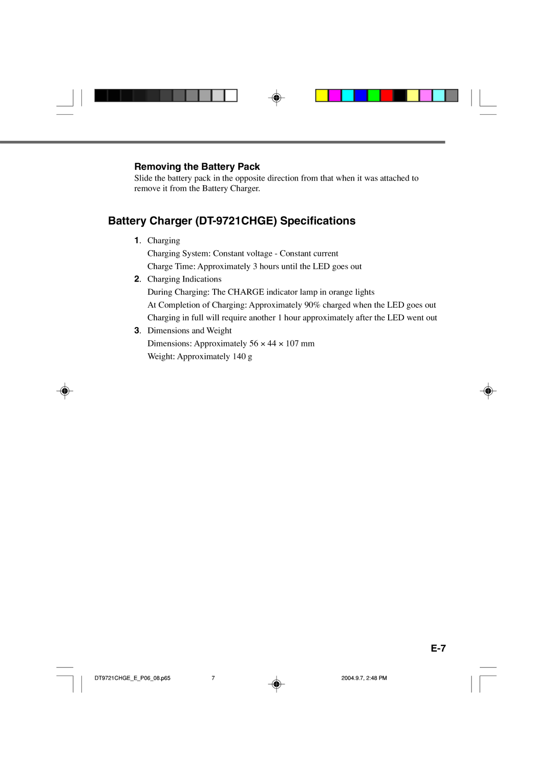 Casio manual Battery Charger DT-9721CHGE Specifications, Removing the Battery Pack 