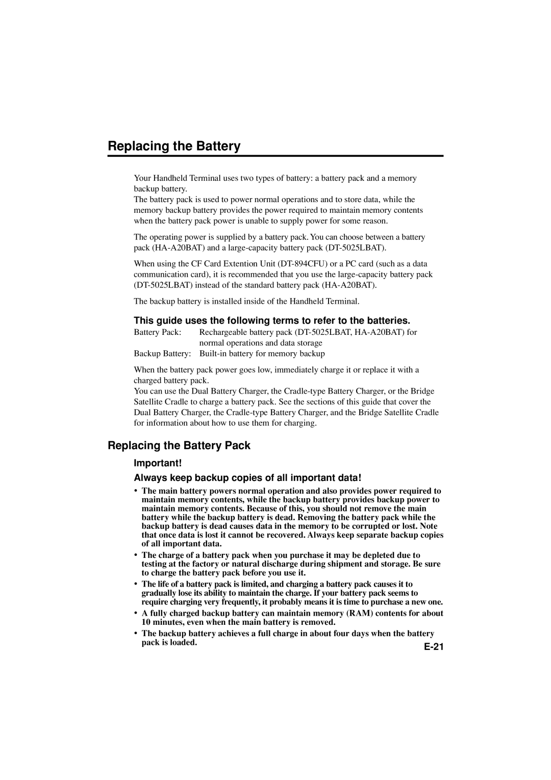 Casio DT-X11 Series manual Replacing the Battery Pack, Always keep backup copies of all important data 