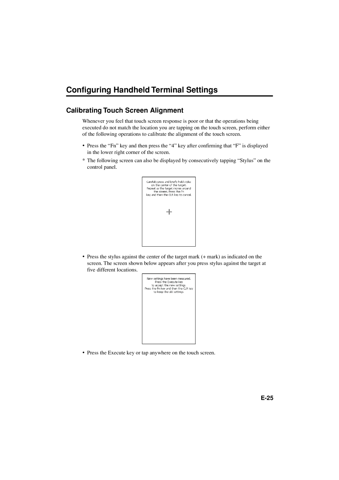 Casio DT-X11 Series manual Configuring Handheld Terminal Settings, Calibrating Touch Screen Alignment 