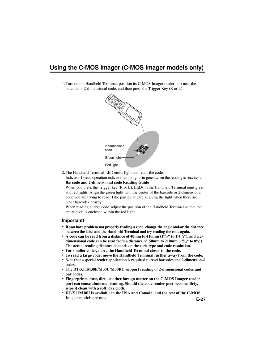 Casio DT-X11 Series manual Using the C-MOS Imager C-MOS Imager models only, Barcode and 2-dimensional code Reading Guide 