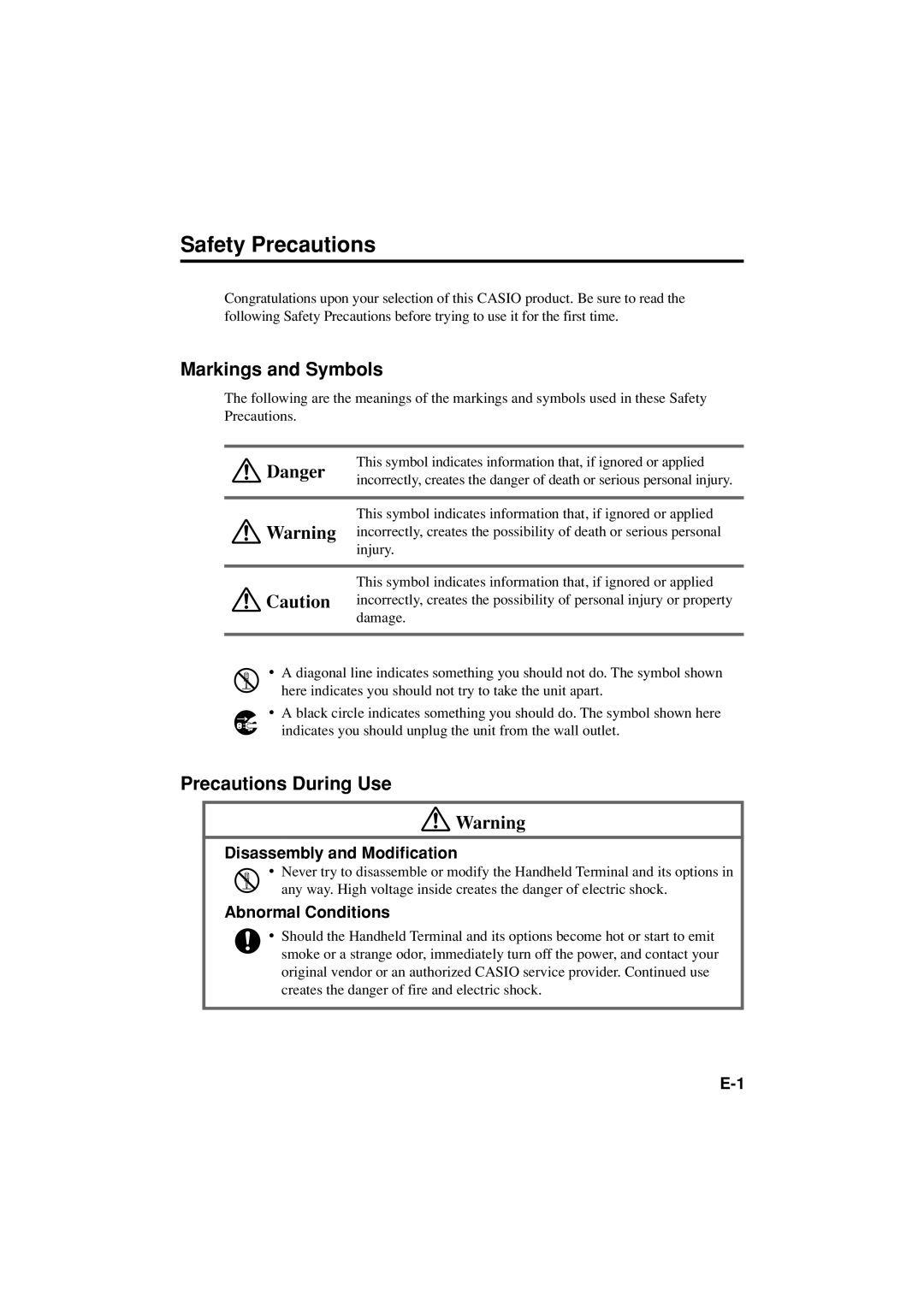 Casio DT-X11 Series manual Safety Precautions, Markings and Symbols, Precautions During Use, Disassembly and Modification 