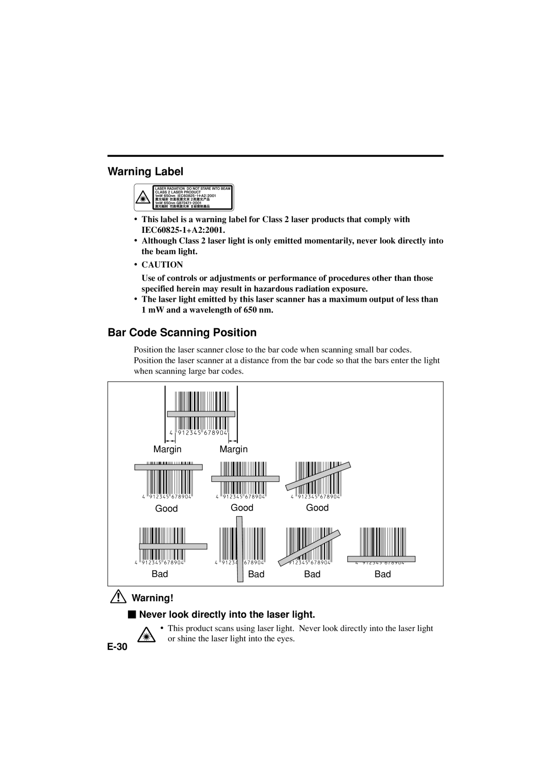 Casio DT-X11 Series manual Bar Code Scanning Position, Never look directly into the laser light 