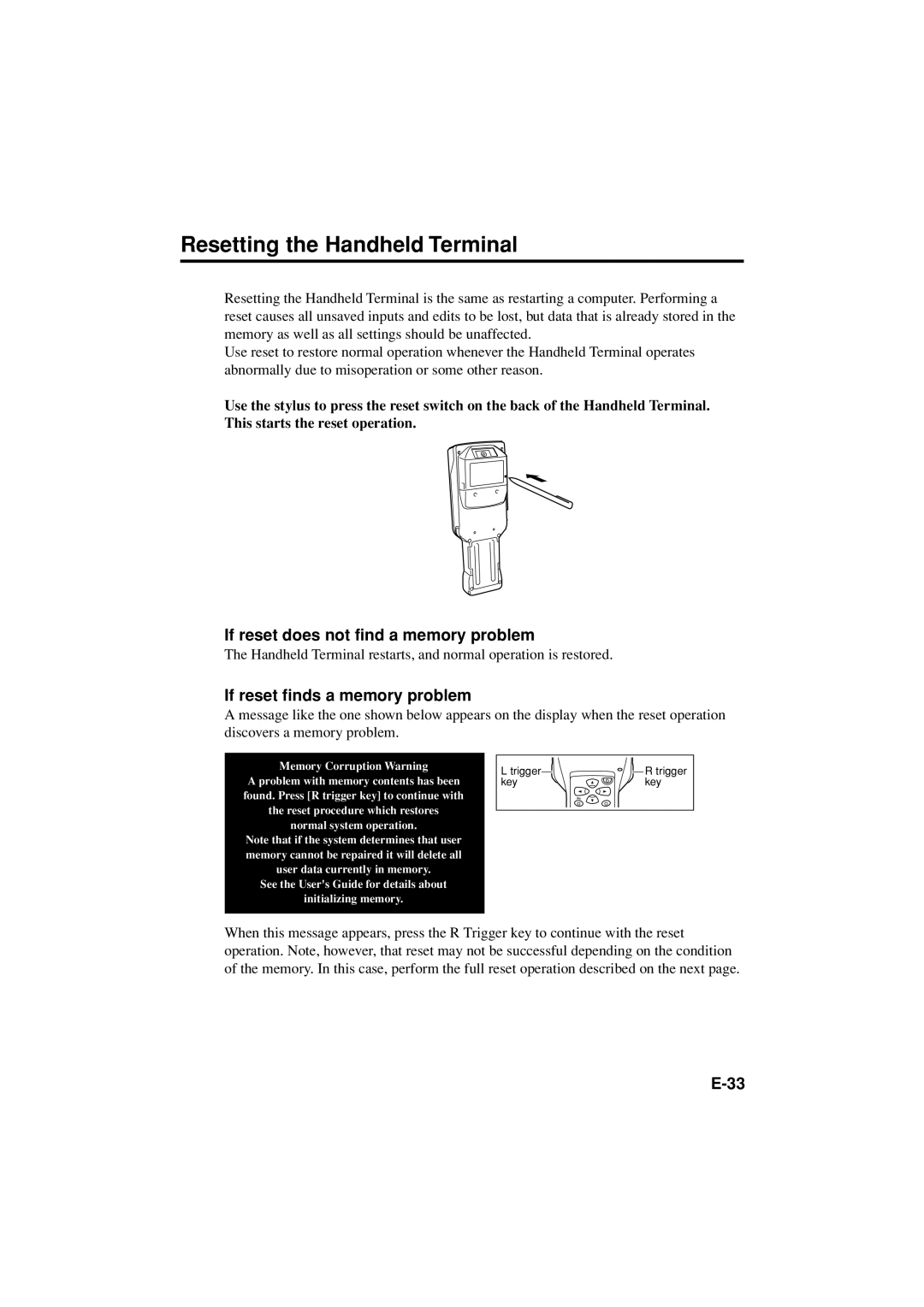 Casio DT-X11 Series manual Resetting the Handheld Terminal, If reset does not find a memory problem 