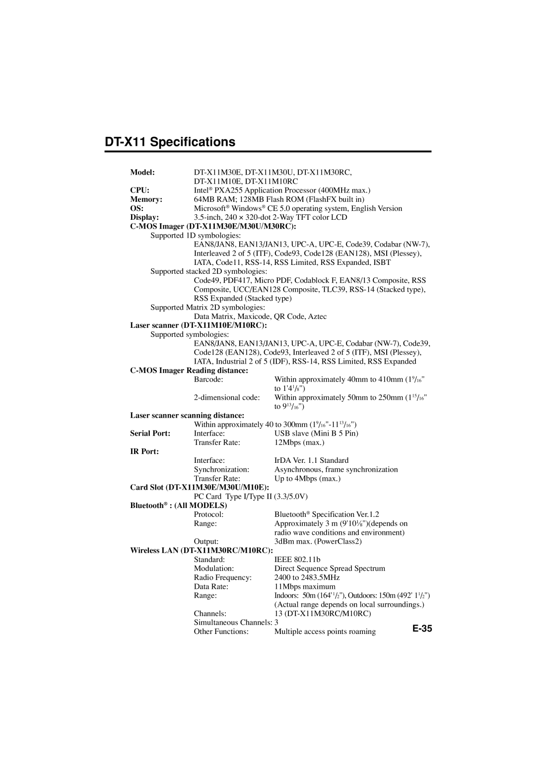 Casio DT-X11 Series manual DT-X11 Specifications, MOS Imager DT-X11M30E/M30U/M30RC 