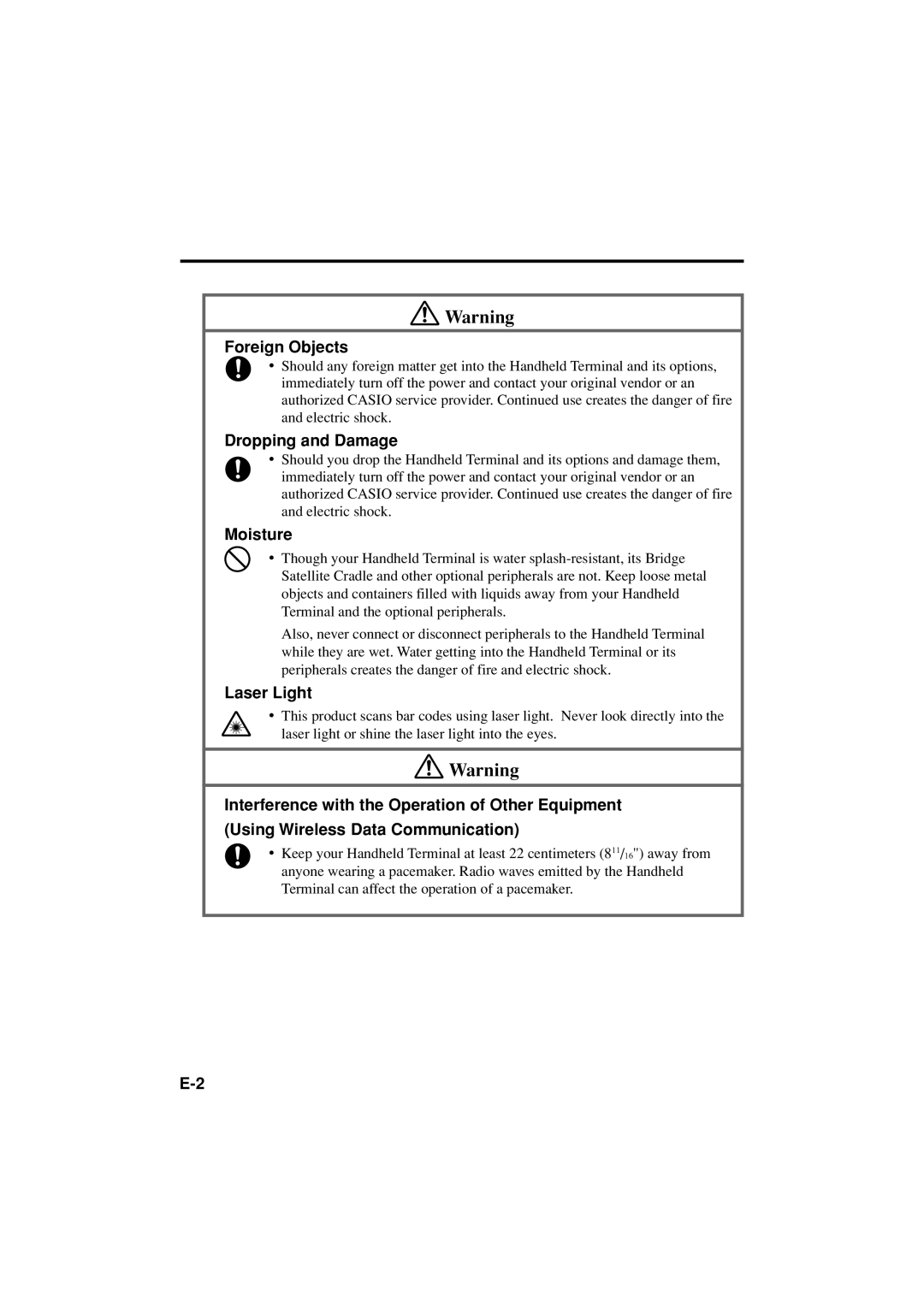 Casio DT-X11 Series manual Foreign Objects, Dropping and Damage, Moisture, Laser Light 