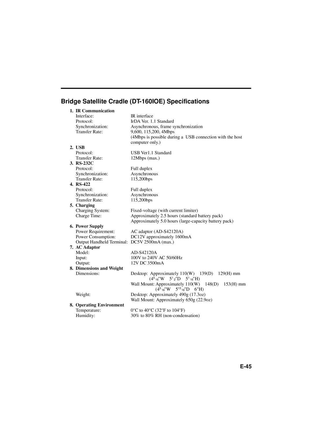 Casio DT-X11 Series manual Bridge Satellite Cradle DT-160IOE Specifications, IR Communication 