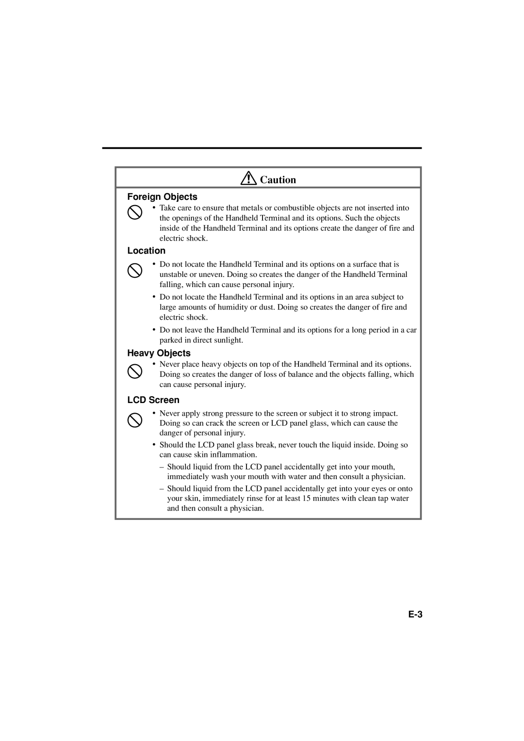 Casio DT-X11 Series manual Location, Heavy Objects, LCD Screen 