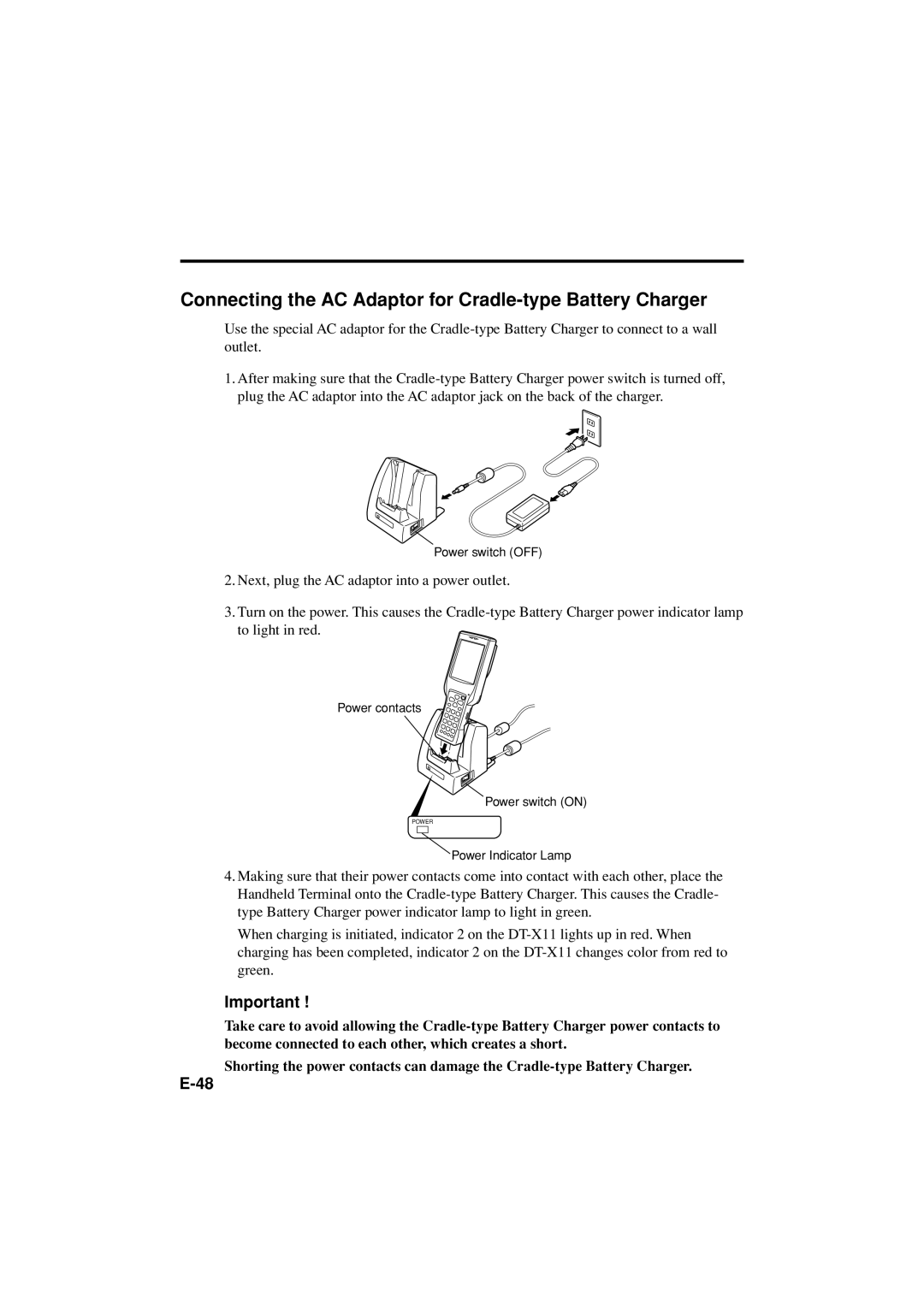 Casio DT-X11 Series manual Connecting the AC Adaptor for Cradle-type Battery Charger 