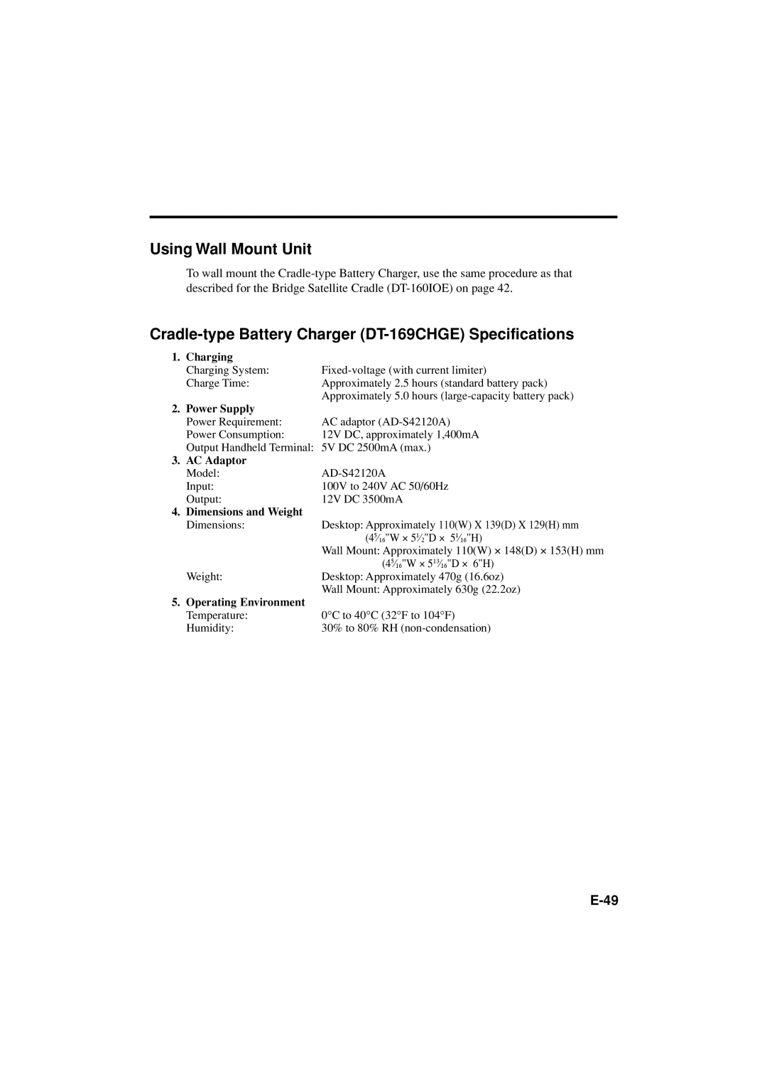 Casio DT-X11 Series manual Using Wall Mount Unit, Cradle-type Battery Charger DT-169CHGE Specifications 