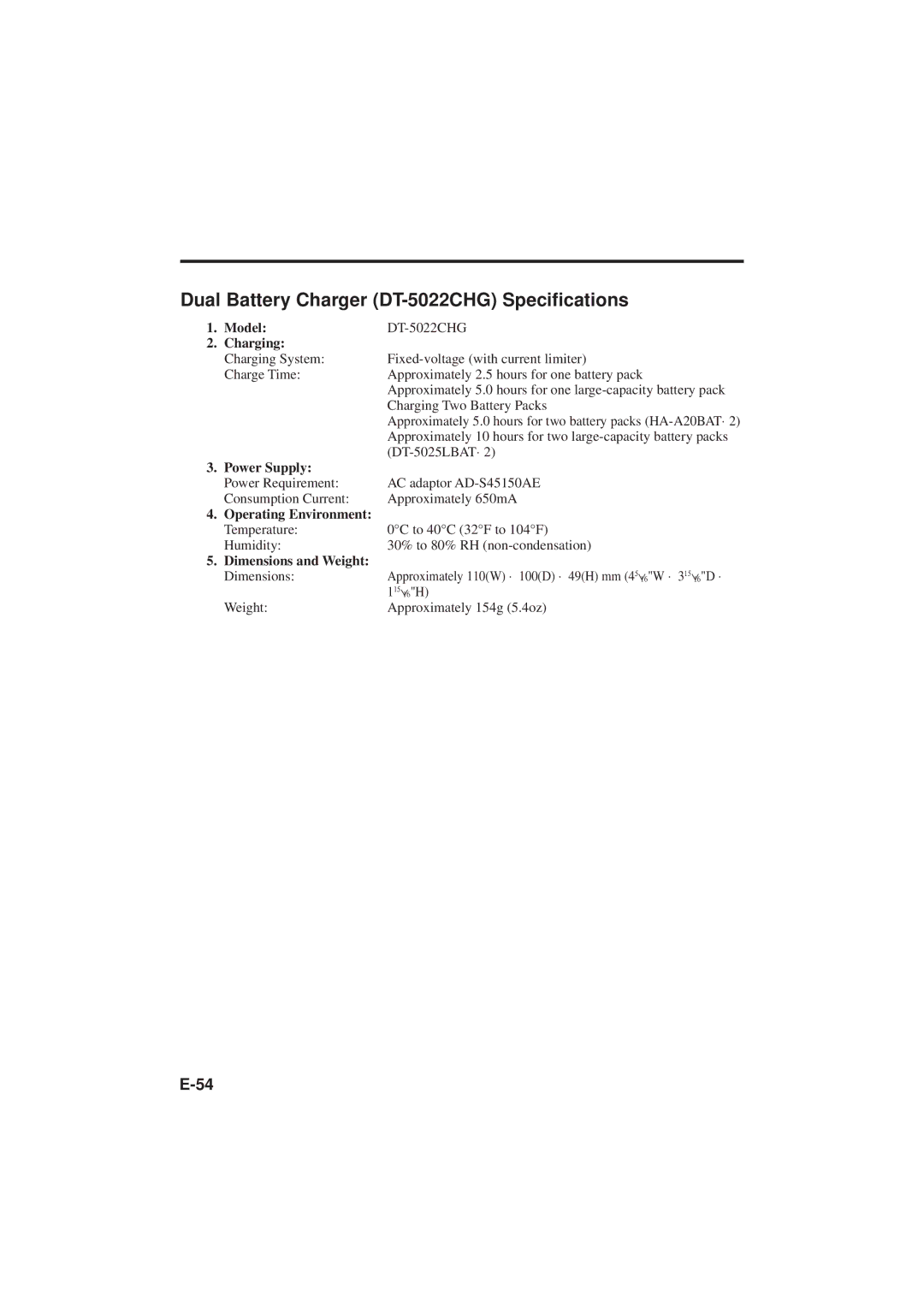 Casio DT-X11 Series manual Dual Battery Charger DT-5022CHG Specifications 