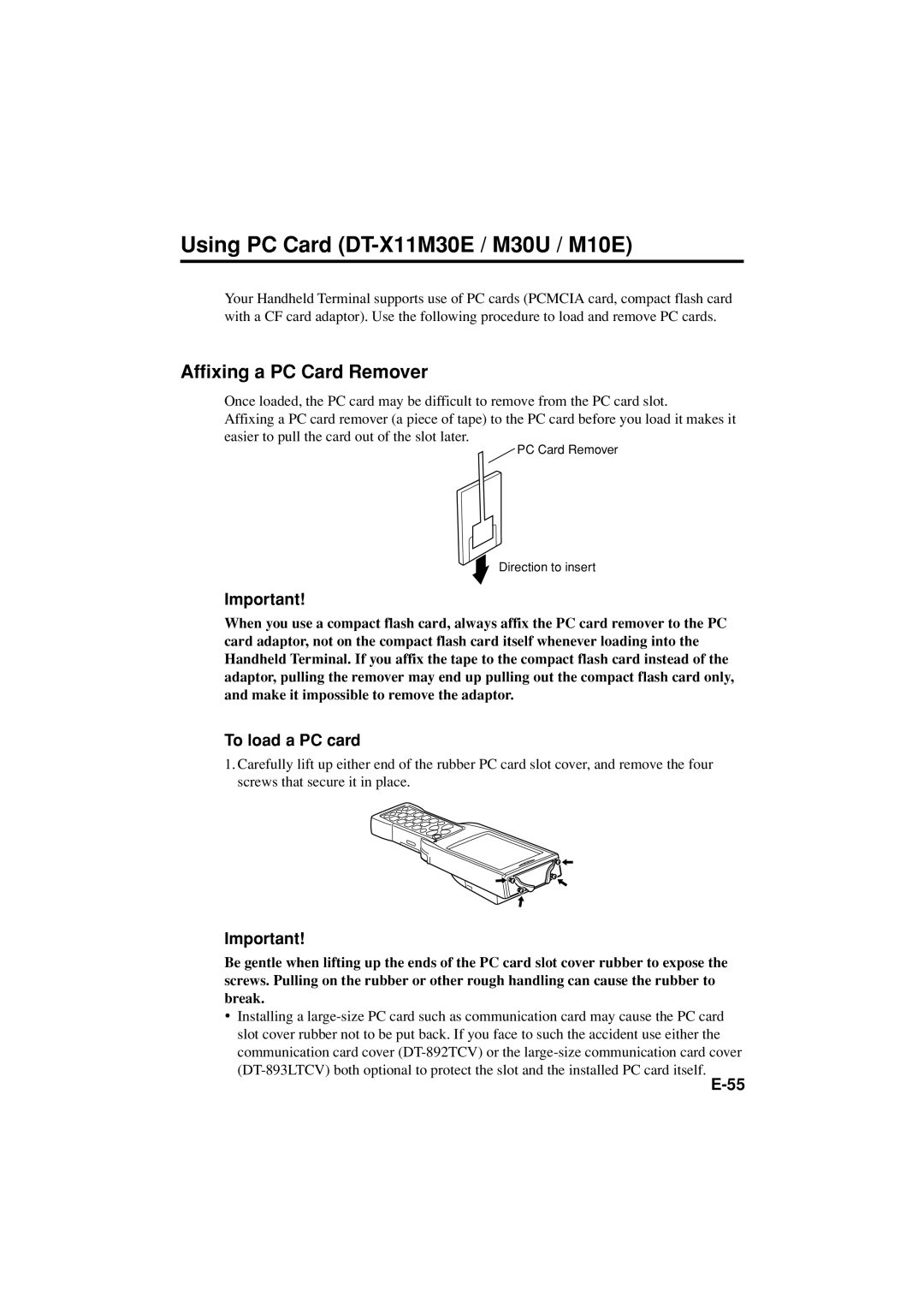 Casio DT-X11 Series manual Using PC Card DT-X11M30E / M30U / M10E, Affixing a PC Card Remover, To load a PC card 