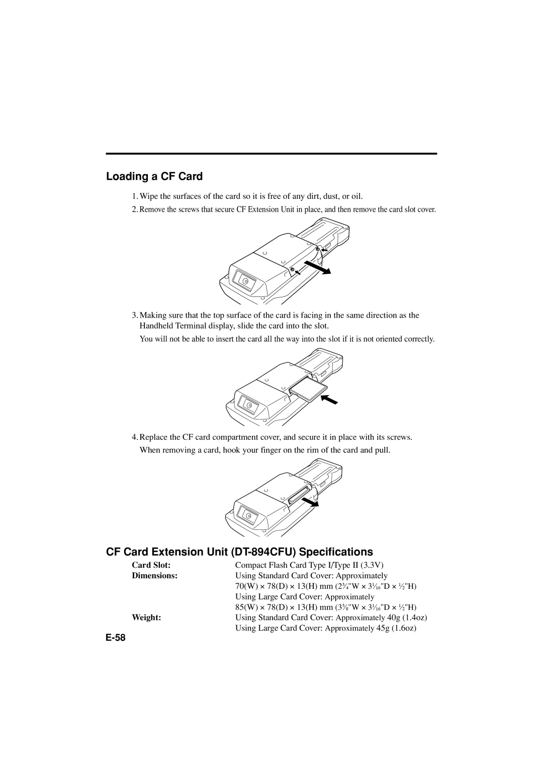 Casio DT-X11 Series manual Loading a CF Card, CF Card Extension Unit DT-894CFU Specifications 