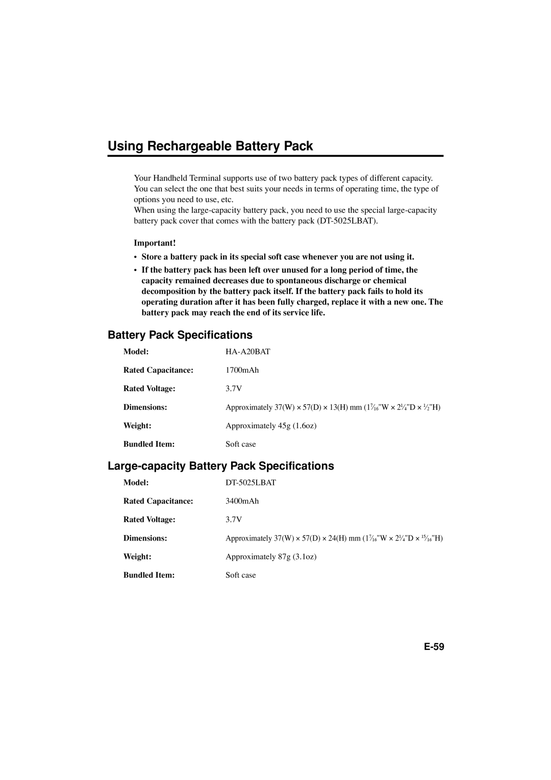 Casio DT-X11 Series manual Using Rechargeable Battery Pack, Battery Pack Specifications 