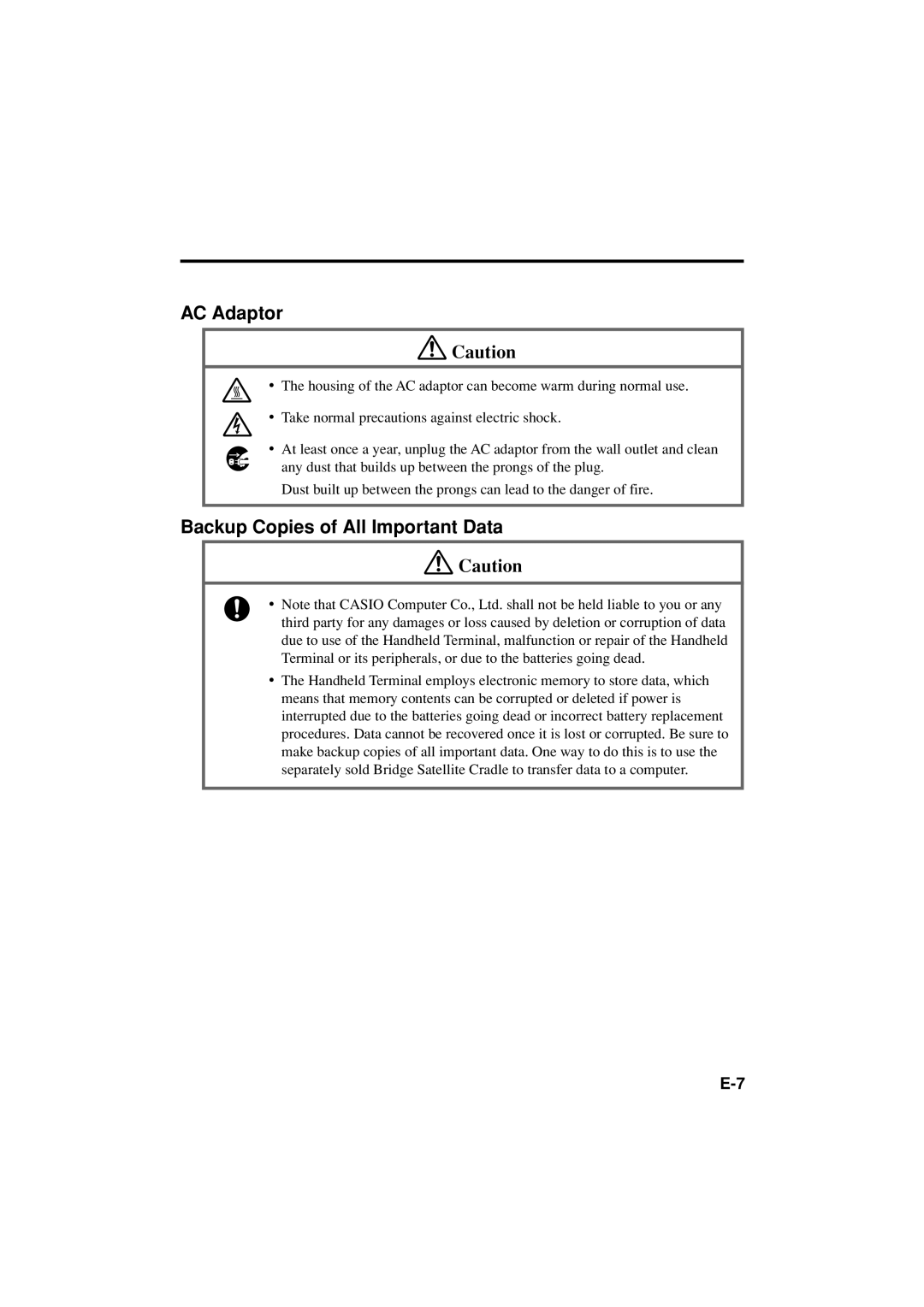 Casio DT-X11 Series manual AC Adaptor, Backup Copies of All Important Data 