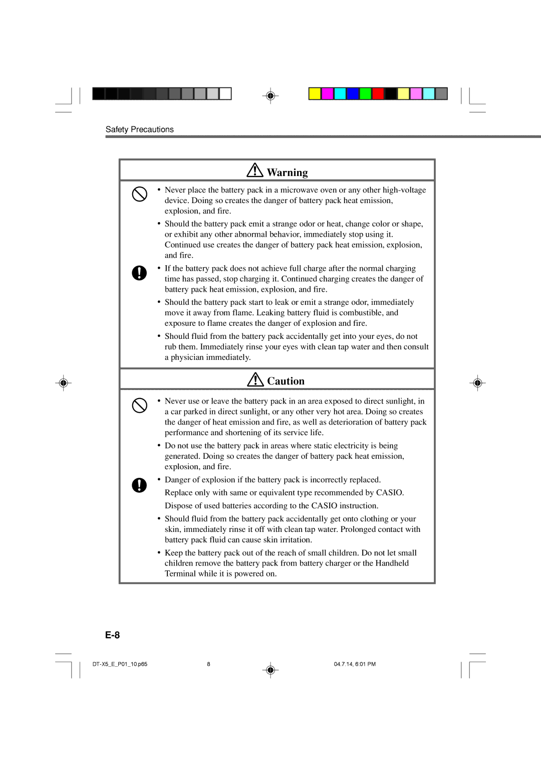 Casio DT-X5 Series manual Safety Precautions 