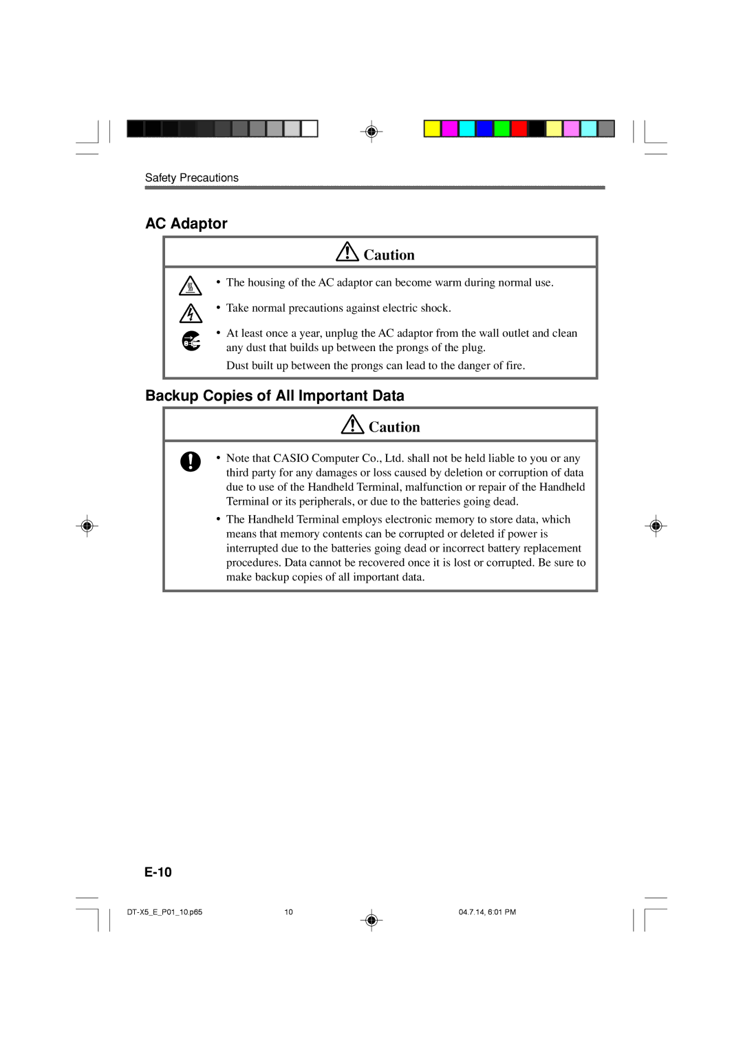 Casio DT-X5 Series manual AC Adaptor, Backup Copies of All Important Data 