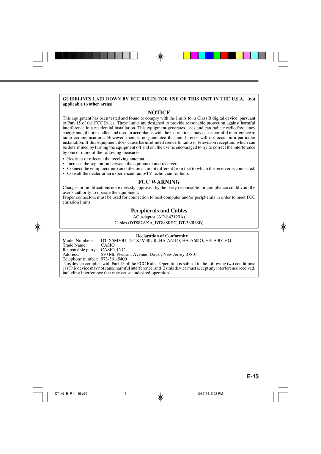 Casio DT-X5 Series manual FCC Warning 