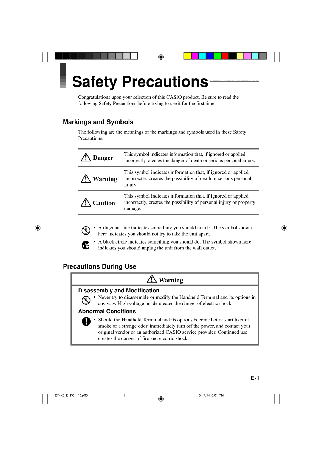 Casio DT-X5 Series manual Safety Precautions, Markings and Symbols, Precautions During Use, Disassembly and Modification 