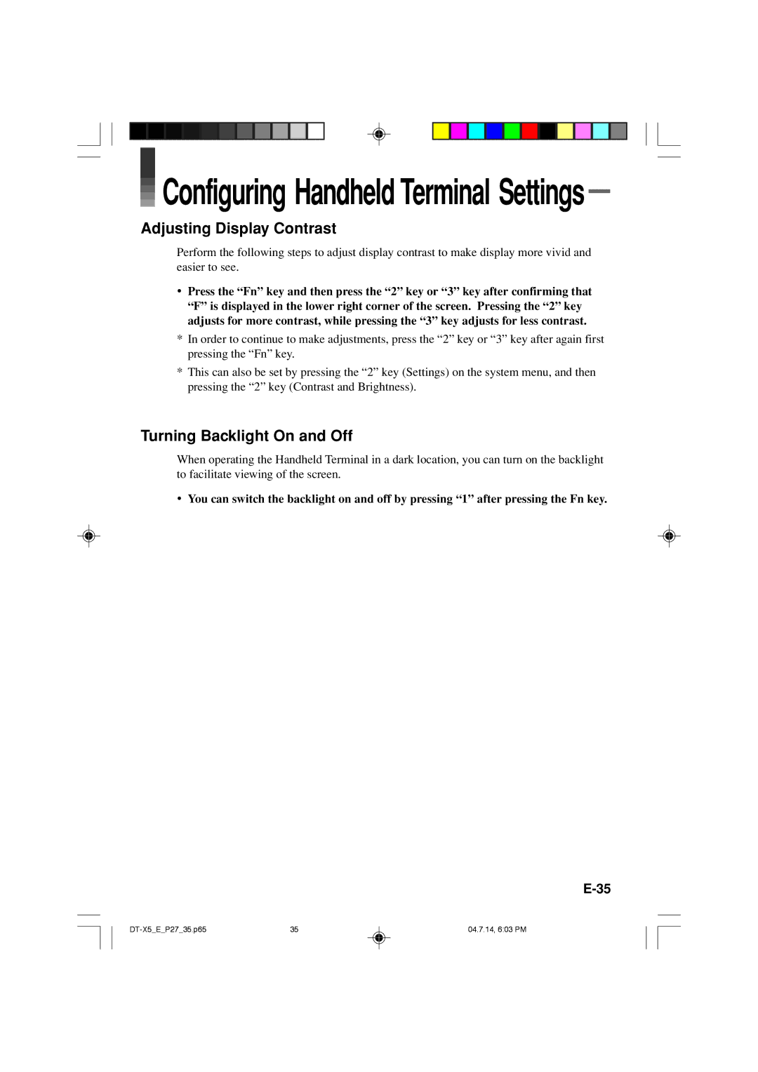 Casio DT-X5 Series manual Adjusting Display Contrast, Turning Backlight On and Off 