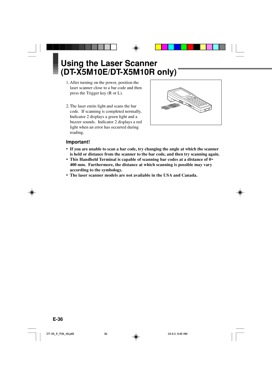 Casio DT-X5 Series manual Using the Laser Scanner DT-X5M10E/DT-X5M10R only 