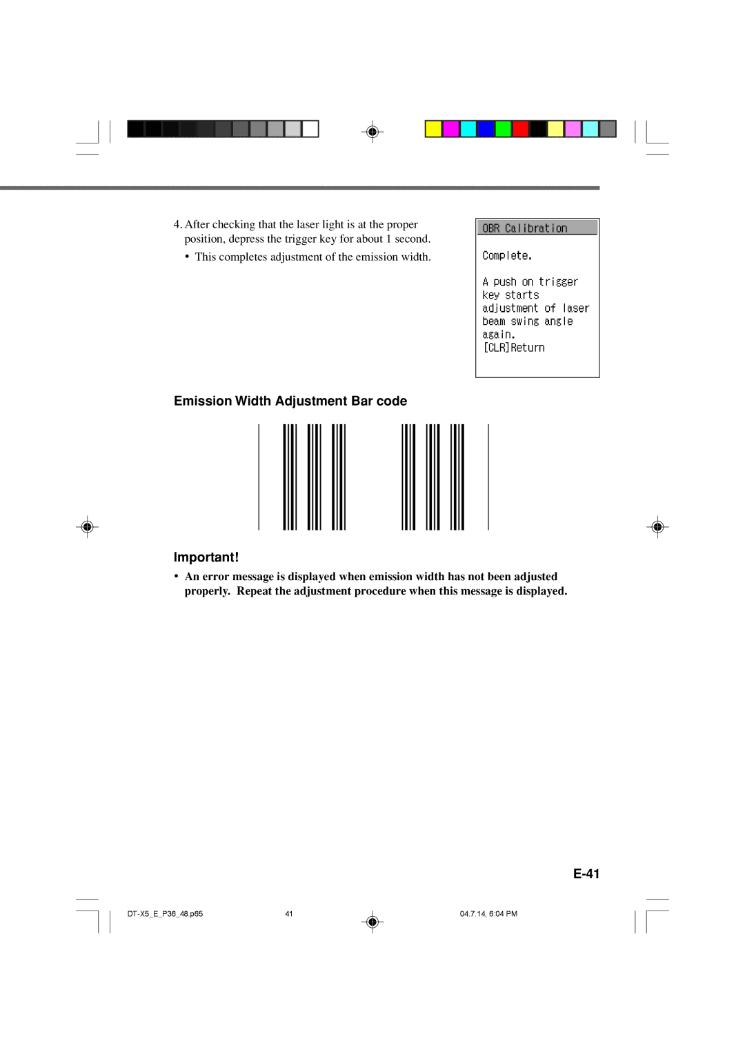 Casio DT-X5 Series manual Emission Width Adjustment Bar code 