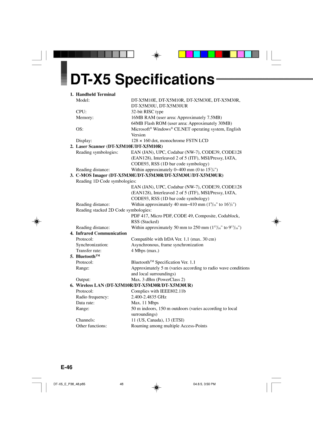 Casio DT-X5 Series manual DT-X5 Specifications, Handheld Terminal 