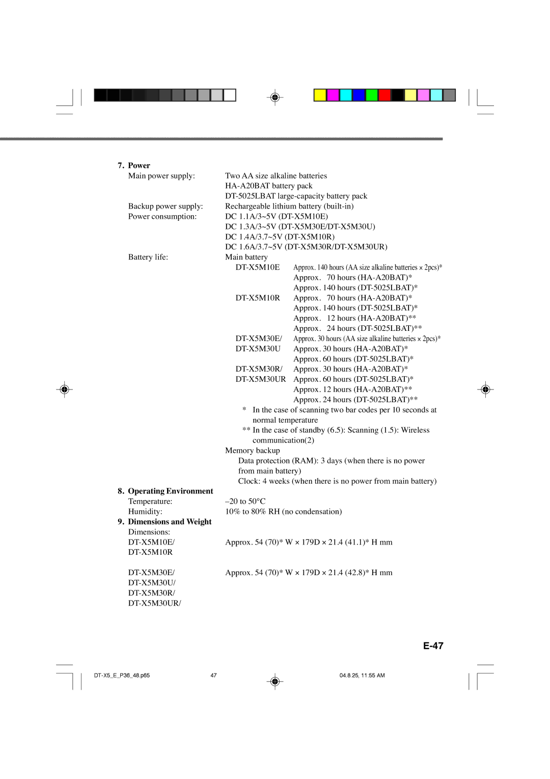 Casio DT-X5 Series manual Power 