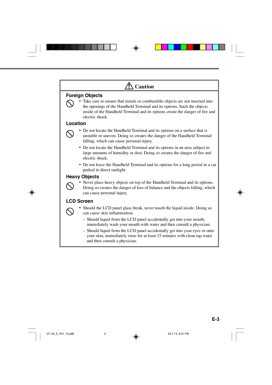 Casio DT-X5 Series manual Location, Heavy Objects, LCD Screen 