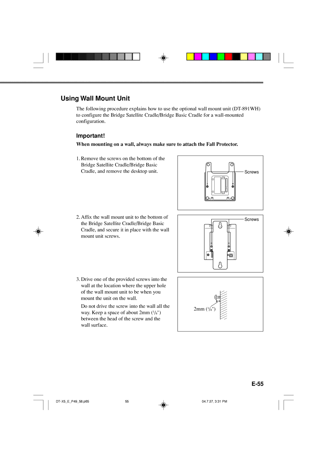 Casio DT-X5 Series manual Using Wall Mount Unit, 2mm 1/8 