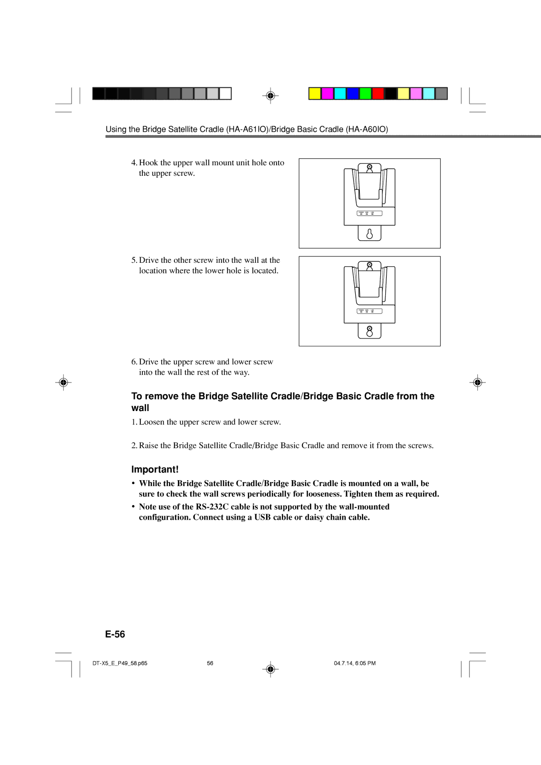 Casio DT-X5 Series manual Hook the upper wall mount unit hole onto the upper screw 