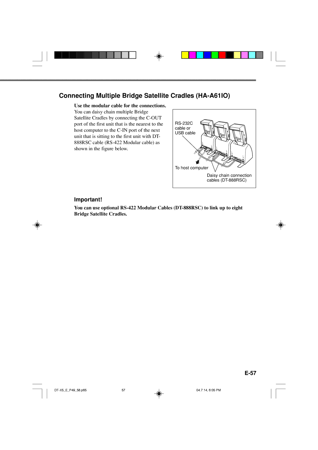 Casio DT-X5 Series manual Connecting Multiple Bridge Satellite Cradles HA-A61IO, Use the modular cable for the connections 