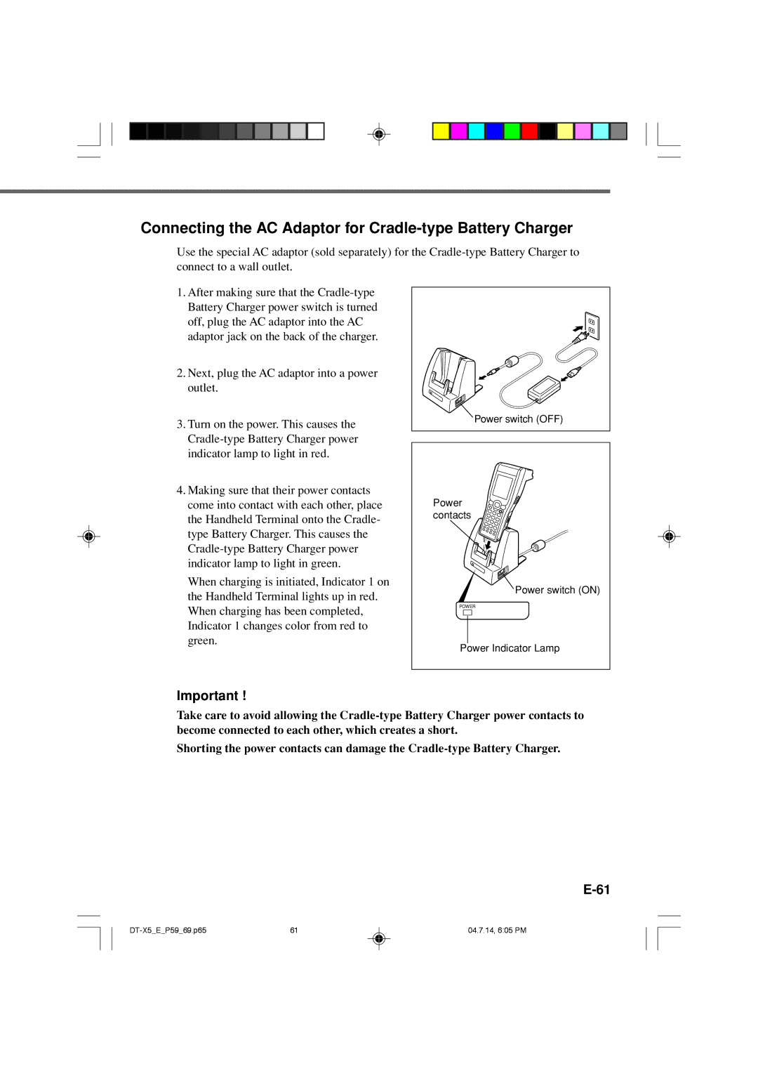 Casio DT-X5 Series manual Connecting the AC Adaptor for Cradle-type Battery Charger 