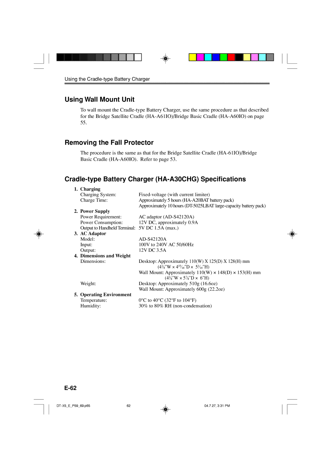 Casio DT-X5 Series manual Using Wall Mount Unit, Cradle-type Battery Charger HA-A30CHG Specifications 