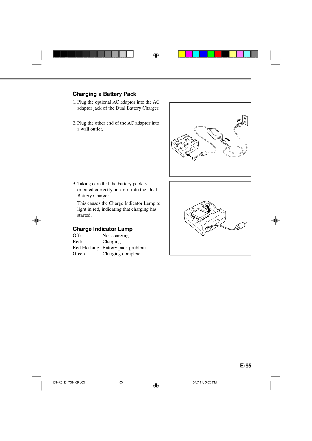 Casio DT-X5 Series manual Charging a Battery Pack, Charge Indicator Lamp 