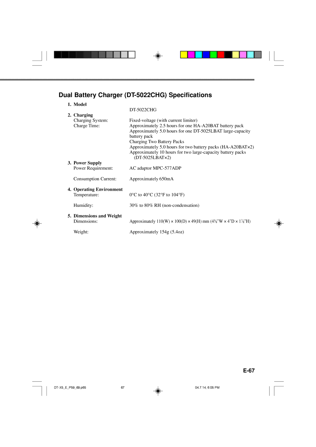 Casio DT-X5 Series manual Dual Battery Charger DT-5022CHG Specifications, Model Charging 