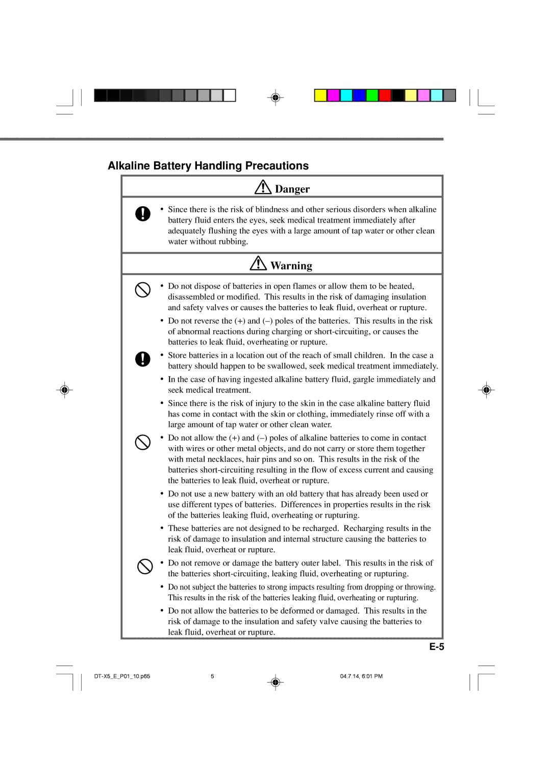 Casio DT-X5 Series manual Alkaline Battery Handling Precautions 