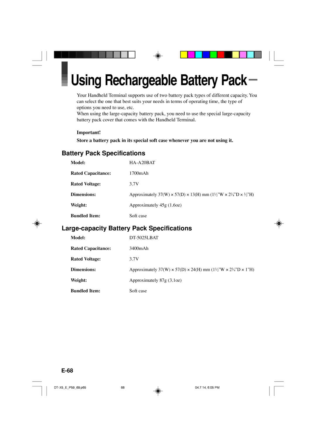 Casio DT-X5 Series manual Using Rechargeable Battery Pack, Battery Pack Specifications 