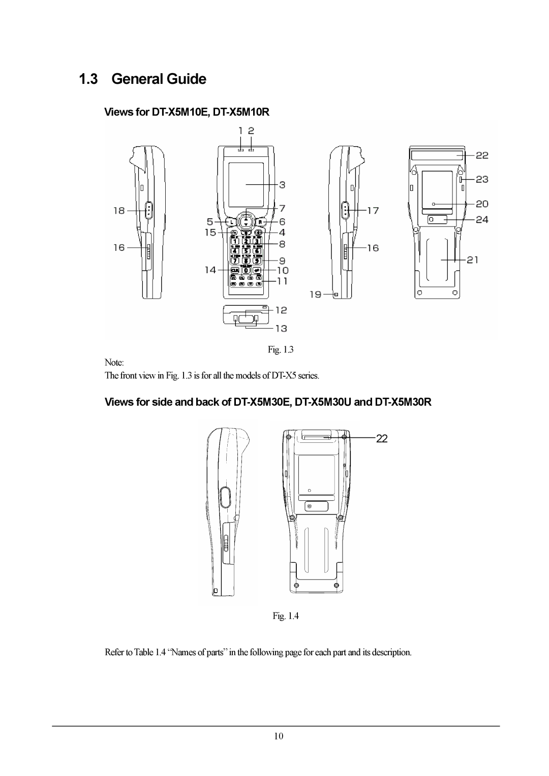 Casio manual General Guide, Views for DT-X5M10E, DT-X5M10R, Front view in .3 is for all the models of DT-X5 series 