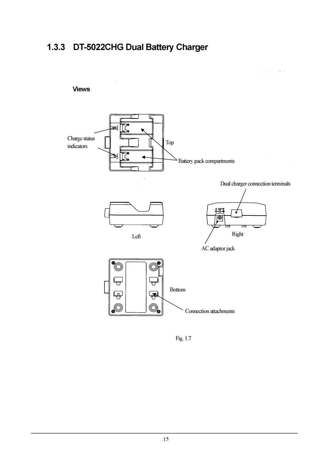 Casio DT-X5 manual 3 DT-5022CHG Dual Battery Charger, Charge status, Indicators, Bottom Connection attachments 