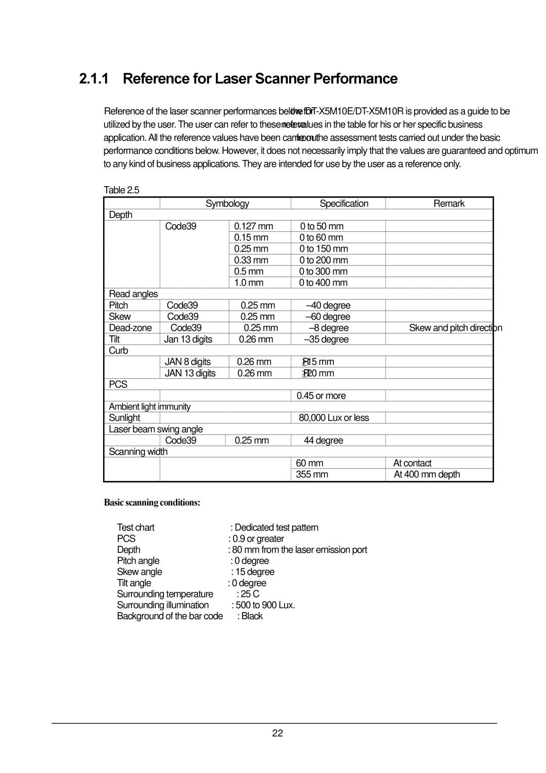 Casio DT-X5 manual Reference for Laser Scanner Performance, Or more, mm At contact 355 mm At 400 mm depth 