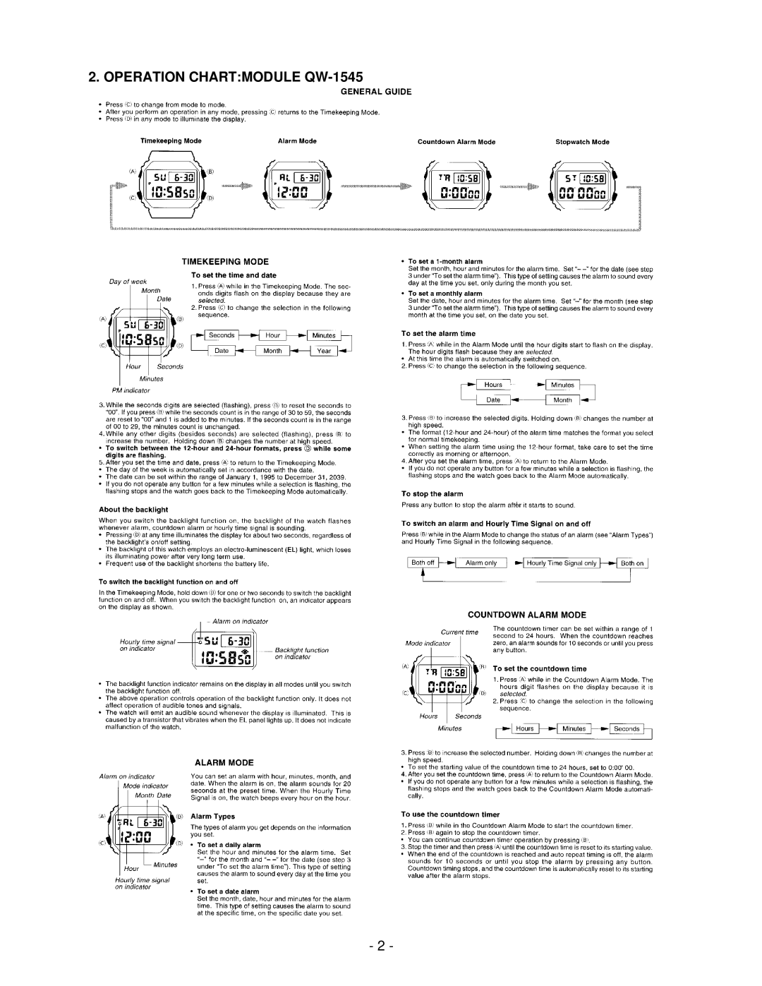 Casio DW5600E1V, DW5600E-1V manual Operation Chartmodule QW-1545 