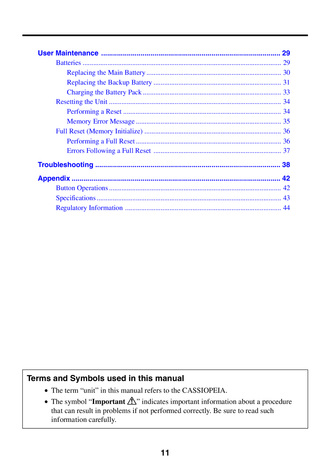 Casio E-125 Terms and Symbols used in this manual, User Maintenance 