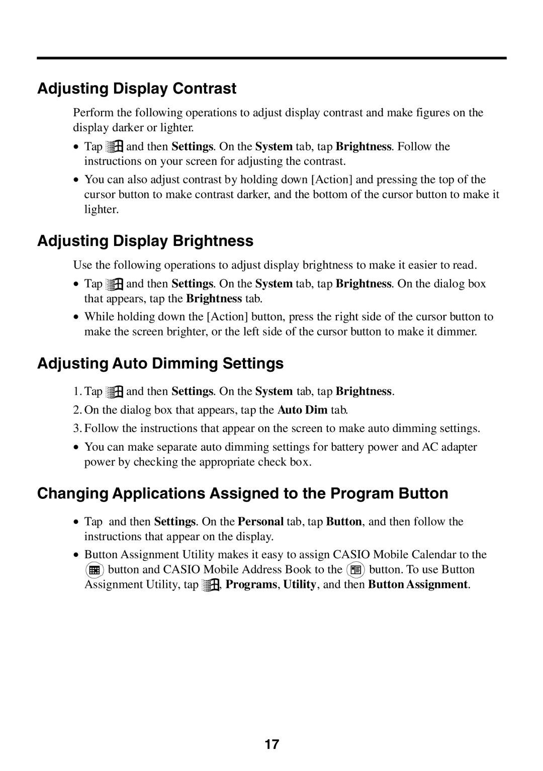 Casio E-125 manual Adjusting Display Contrast, Adjusting Display Brightness, Adjusting Auto Dimming Settings 