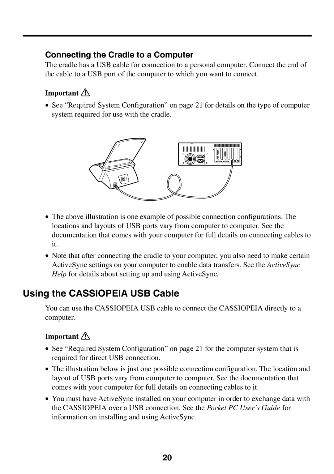 Casio E-125 manual Using the Cassiopeia USB Cable, Connecting the Cradle to a Computer 