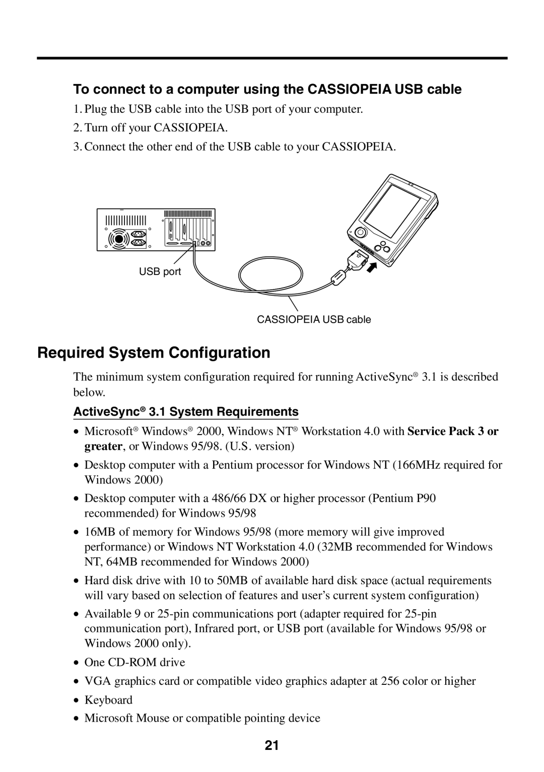 Casio E-125 manual Required System Configuration, To connect to a computer using the Cassiopeia USB cable 