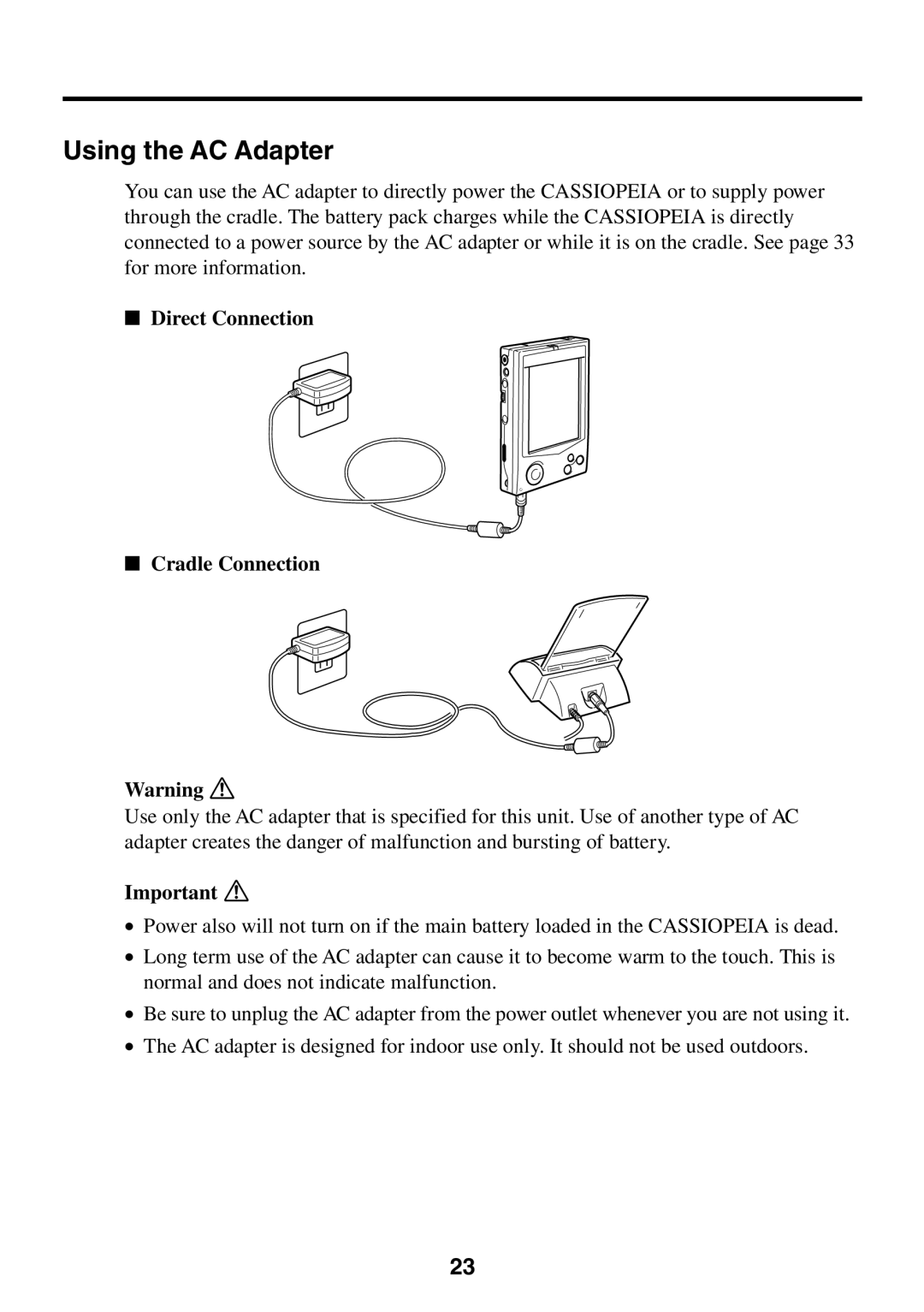 Casio E-125 manual Using the AC Adapter, Direct Connection Cradle Connection 